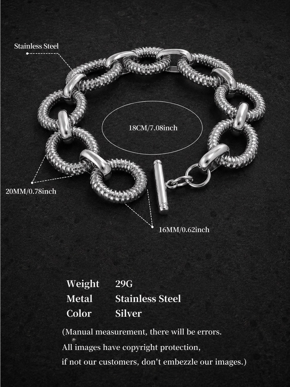 Silver Textured Ring-Link Bracelet - Picture 4 of 11